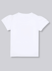 Kids Girls White Puff Sleeve Printed T-Shirt