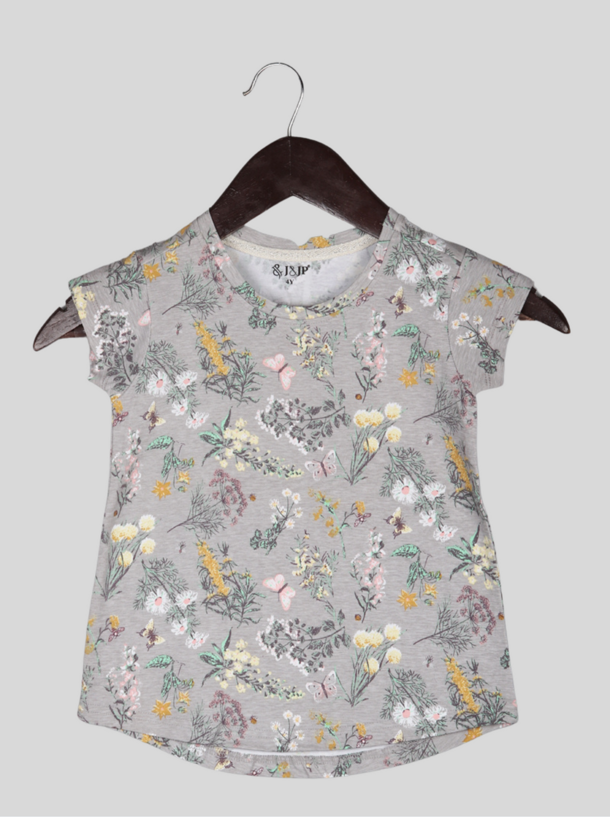 Kids Grey Half sleeve, Short Sleeve Floral Print, Printed Cotton jersey knit, Single Jersey T-Shirt