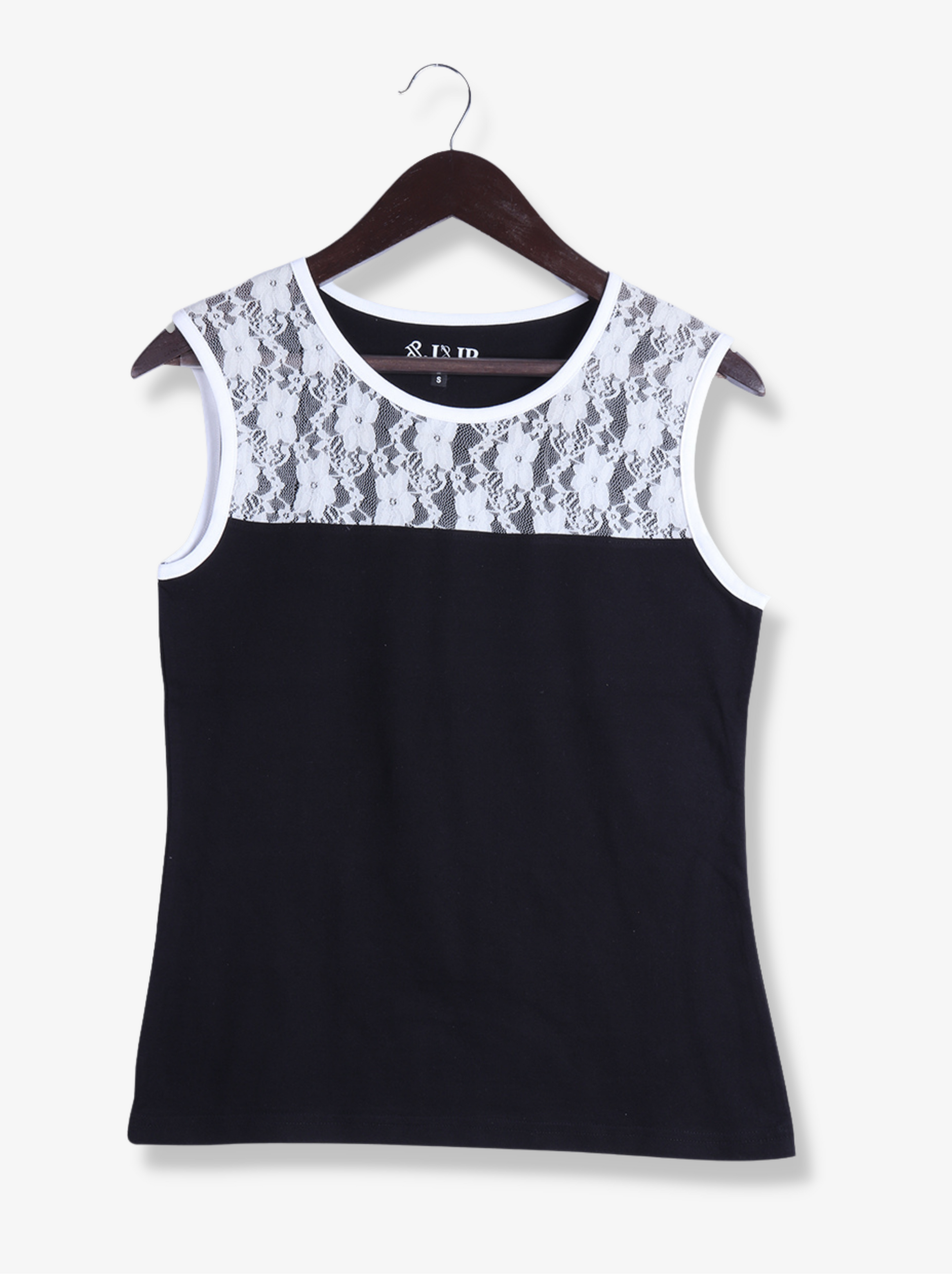 Women Black Sleeveless Lace, Solid Cotton  T-Shirt