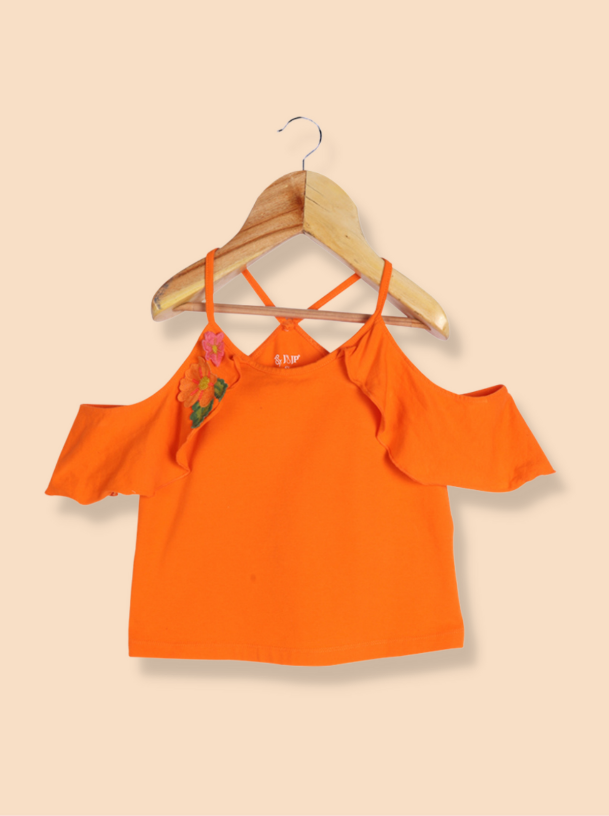 Kids Orange Spaghetti Strap Floral Print Cotton jersey knit T-Shirt