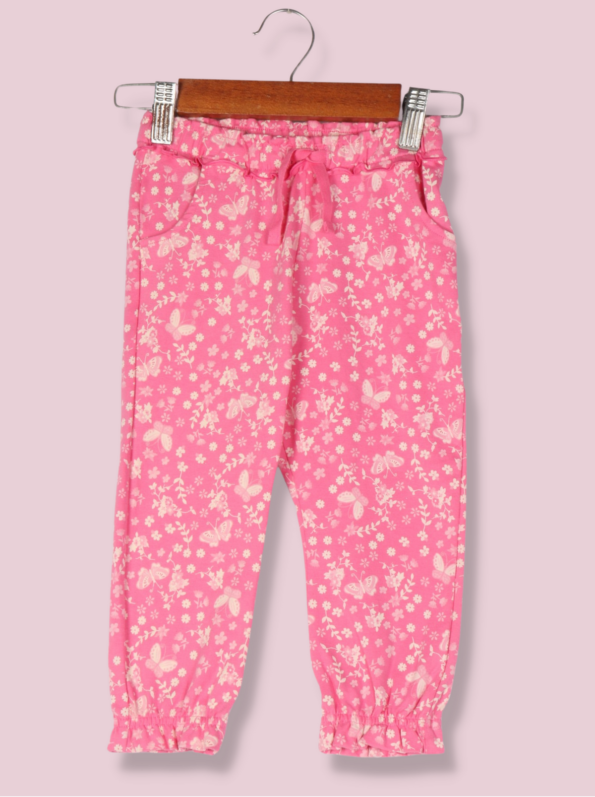 Kids Pink Cotton Elasthane Printed, Solid Pant