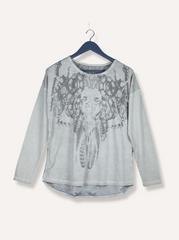 Women Grey Full sleeve Dyed, Printed Cotton Dyed, Viscose T-Shirt