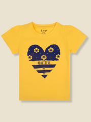 Kids Girls Yellow Puff Sleeve Printed T-Shirt