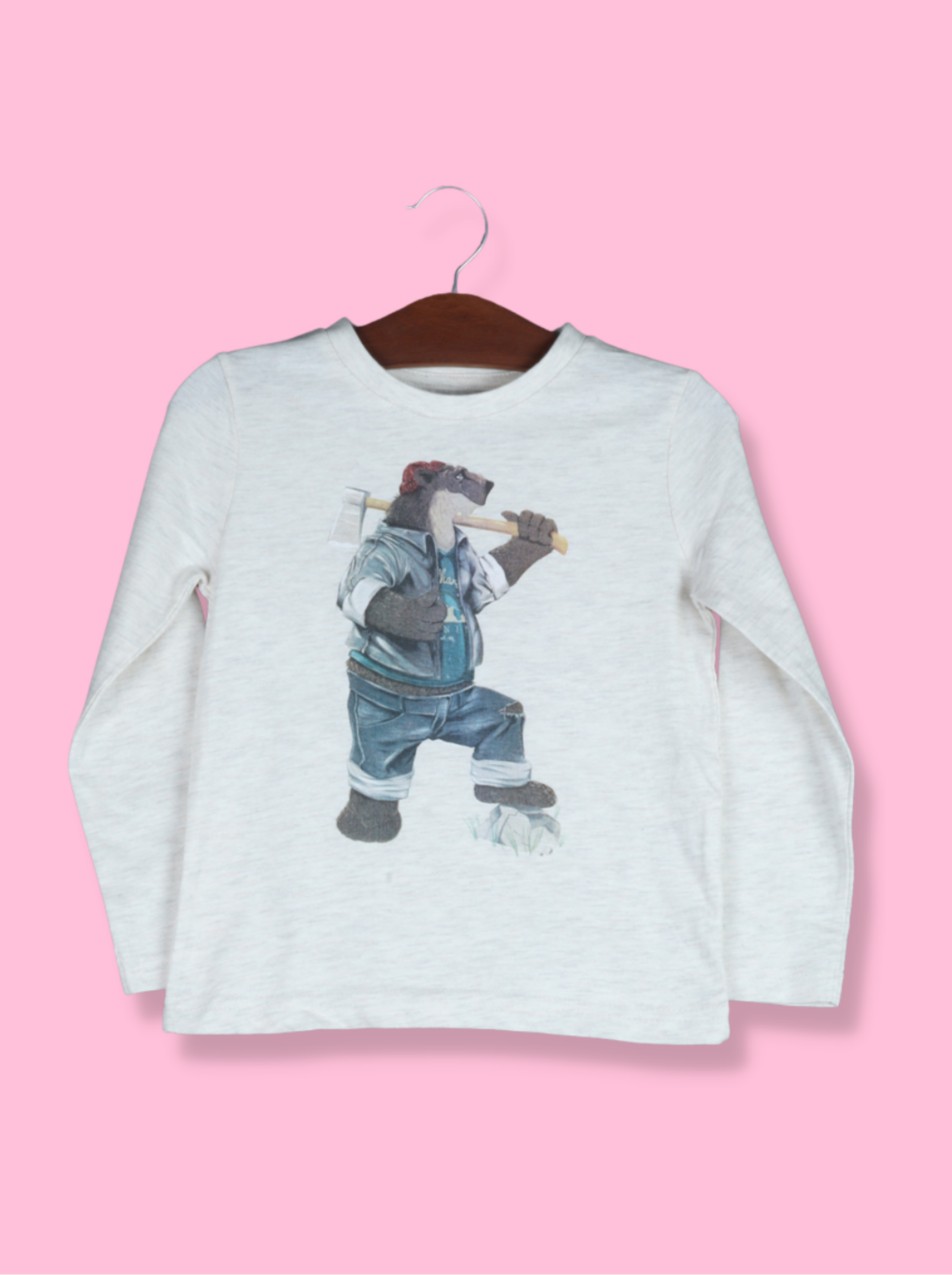 Kids White Full sleeve Animal Print, Graphic Print Cotton jersey knit, Single Jersey T-Shirt