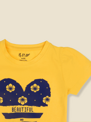 Kids Girls Yellow Puff Sleeve Printed T-Shirt