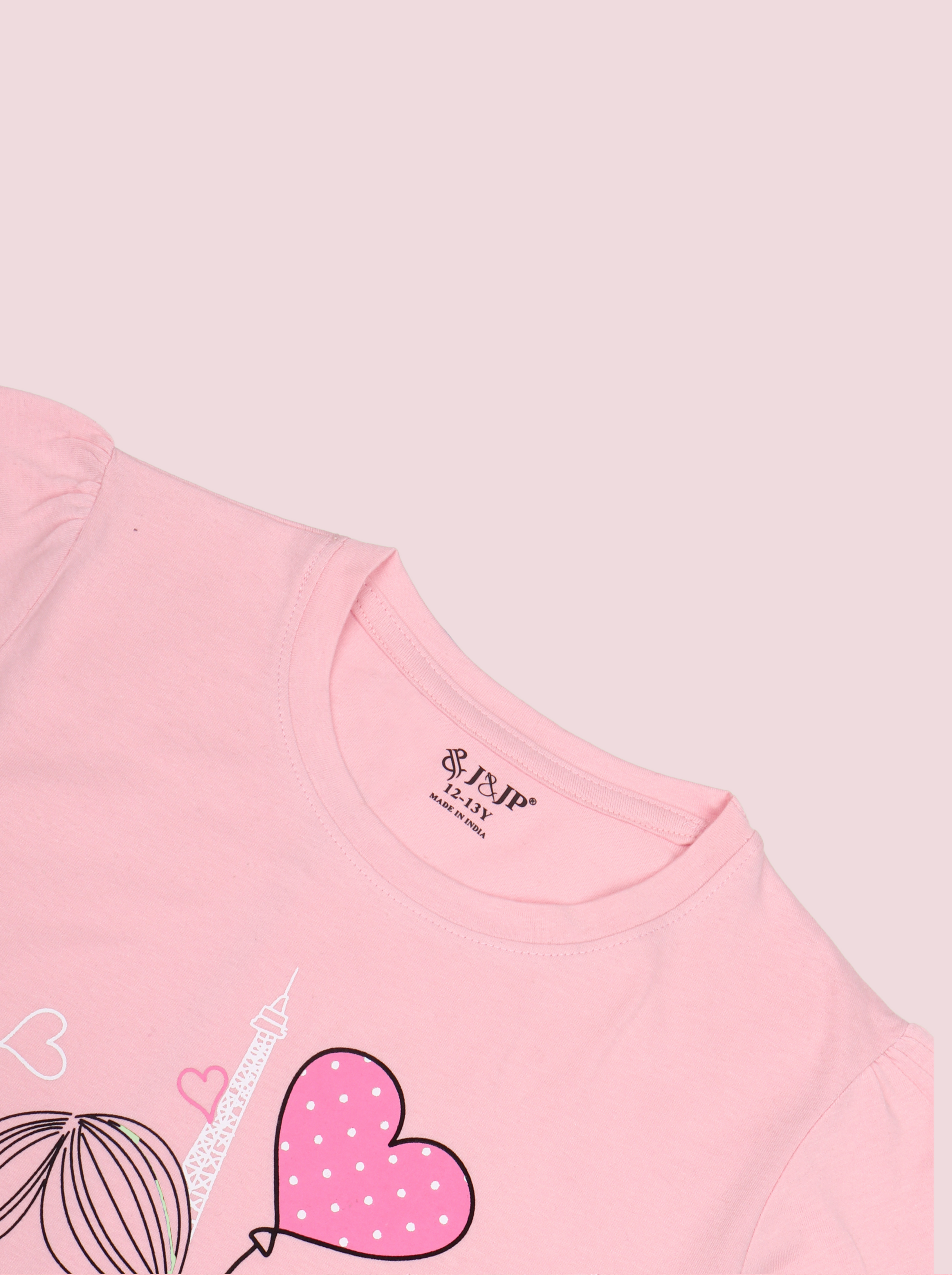 Kids Girls Pink Puff Sleeve Printed T-Shirt
