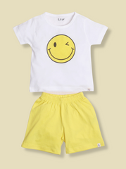 Kids Unisex White Half Sleeve Smile Printed Shorts set