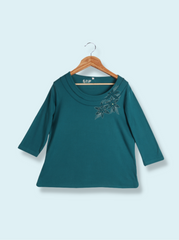 Women Green Full sleeve Floral Print Cotton ribbed knit T-Shirt