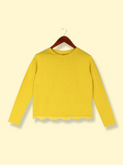 Women Yellow Full sleeve Self Design Cotton Elasthane, Cotton Lycra T-Shirt