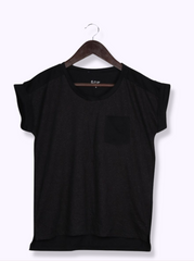 Women Black Short Sleeve Solid Cotton slub jersey T-Shirt
