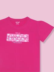 Kids Girls Pink Puff Sleeve Printed T-Shirt